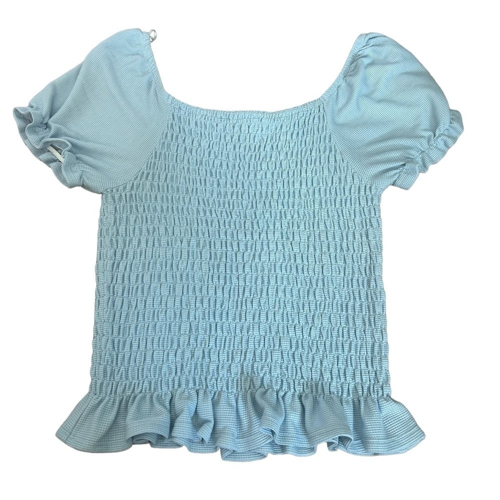 Good Luck Gem Women’s Blue Waffle Knit Ruffle Bottom Blouse Size Medium NWT